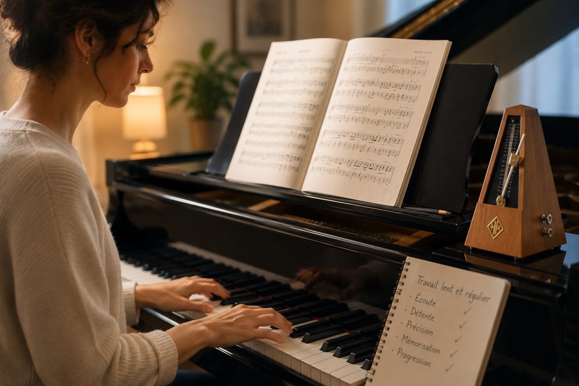 pianiste travaillant lentement au piano avec une partition ouverte