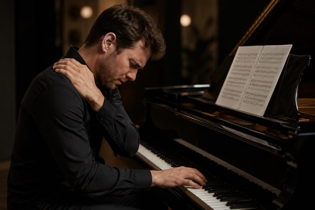 pianiste ayant des tensions musculaires en travaillant son piano